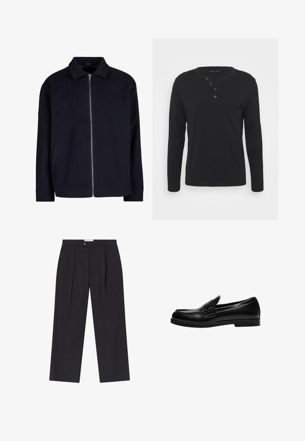 Sort jakke med krave, fuld lynlås foran og sidelommer; lavet af et struktureret stof med en afslappet pasform.; Sort langærmet henley skjorte lavet af blødt stof, med en knaplukning, rund halsudskæring og tætsiddende ærmer.; Skræddersyede mørkeblå bukser med høj talje, to fork gasper, knaplukning og lige ben i glat stof.; Sorte læder loafers med en glat overflade, der har en syning detalje på vampen og en lav, solid sort gummisål.