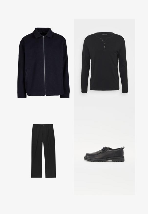 Musta takki, jossa on kauluskanta, täysi vetoketju edessä ja sivutaskut; valmistettu teksturoidusta kankaasta, jossa on rento istuvuus.; Musta pitkähihaisen henley-paita, joka on valmistettu pehmeästä kankaasta. Paita sisältää napitettavan aukon, pyöreän pääntien ja istuvat hihat.; Mustat housut suoranlahkeisella muotoilulla, valmistettu sileästä kankaasta. Ominaisuuksiin kuuluu etupleateet ja yksi nappikiinnitys vyötäröllä.; Mustat nahkakengät, joissa on pyöristetyt varpaat, teksturoitu tikkaus, matala profiili ja kumipohja, jossa on syvät urat pitoa varten.