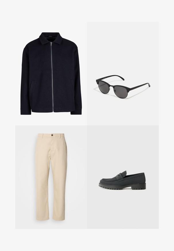 Juodas švarkas su apykakle, visiškai užtraukiama priekyje ir šoninėmis kišenėmis; pagamintas iš tekstūruoto audinio, su laisvai krentančia silhouette.; Balta trumpa rankove T marškiniai iš medvilnės, su apvalia iškirpte ir paprastu, tiesiu siluetu, be raštų ar akcentų.; Bežiniai medvilniniai kelnes su tiesiomis kojomis, priekinis mygtuko uždarymas, šoninės kišenės ir lygus paviršius. Minimalistinis dizainas, be matomų raštų.; Juodi loafers batai su lygiu, matinio paviršiaus, turintys apvalią nosį ir storą, tekstūruotą padai. Pabrėžti priekinės juostos akcentu.; Juodos saulės akinių su apvaliais lęšiais, matinio paviršiaus ir išskirtinės katės akies formos. Šlauni rankenos su subtilia ženklinimo detale kairėje šventykloje.