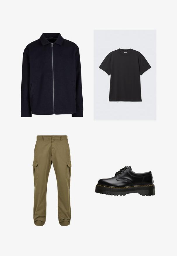 Svart jacka med krage, hel dragkedja fram och sidofickor; tillverkad av ett strukturerat material med en avslappnad passform.; Svart t-shirt med korta ärmar, tillverkad av bomull. Har en rund halsringning och en avslappnad passform. Enkel design utan mönster eller synliga detaljer.; Gröna cargobyxor med raka ben, bomullsmaterial, sidfickor och knäppning för funktionalitet. Slät textur, avslappnad design.; Svart läder snörskor med en tjock, sågad svart gummisula och gula stygn längs kanten, med en slät finish.