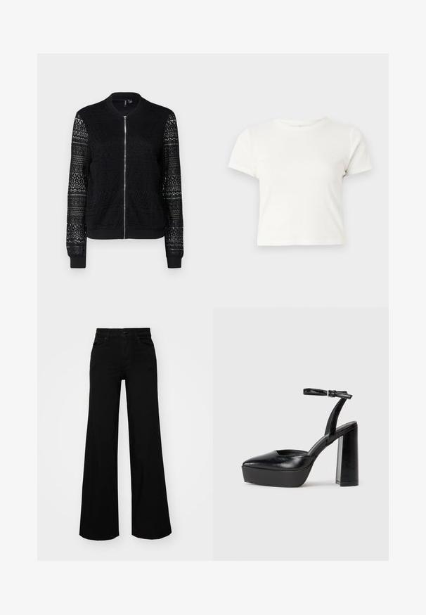 Črna bomberska jakna z zadrgo, ki ima teksturirane čipkaste panele na rokavih in telesu, rebraste manšete in rob, iz lahkega blaga.; Kratka bela majica iz bombaža s kratkimi rokavi, okroglim ovratnikom in ravnim robom, ki ima gladko teksturo in minimalističen dizajn.; Črne široke denim hlače s strukturiranim pasom, z zankami za pas in sprednjimi žepi. Gladka tekstura s klasičnim dizajnom.; Črne platforme z visokimi petami in koničastim nosom ter nastavljivim gležnjenjskim trakom. Narejene iz gladke usnje, s kockasto peto.