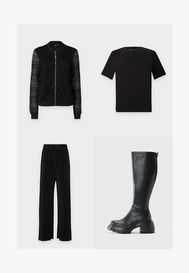 Čierna bombera bunda so zipsom, s textúrovanými čipkovými panelmi na rukávoch a telese, pružnými manžetami a spodným okrajom, vyrobená z ľahkého materiálu.; Čierne tričko s krátkym rukávom a okrúhlym výstrihom, vyrobené z mäkkej bavlny. Jednoduchý dizajn, bez viditeľných log alebo vzorov.; Čierne plisované nohavice s elastickým pásom. Majú široké nohavice a hladkú, textúrovanú látku s vertikálnymi pruhmi.; Vysoká čierna kožená čižma s masívnou platformou a blokovým podpätkom, s praktickým pútkom a textúrovaným vzorom na podošve.