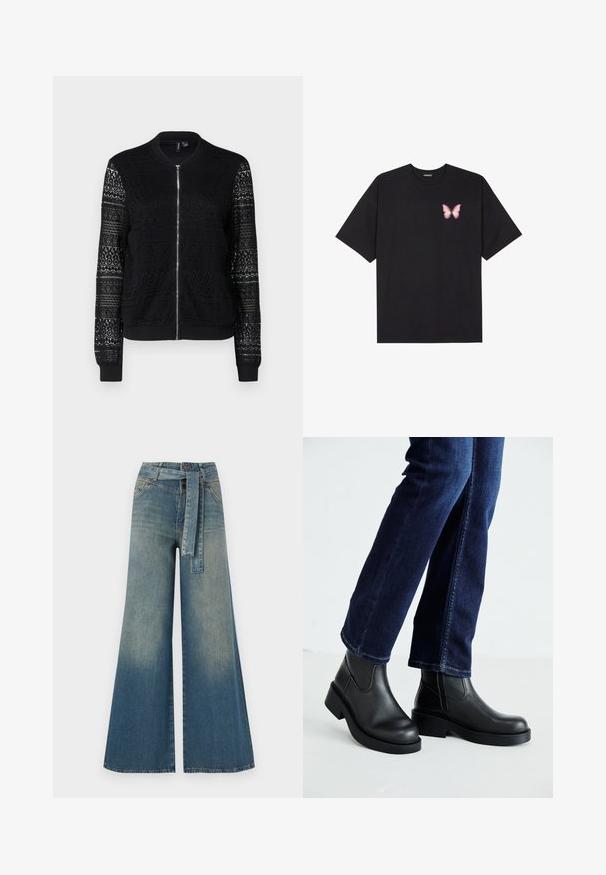 Crna bomber jakna s patentnim zatvaračem, s teksturiranim čipkastim panelima na rukavima i tijelu, rebrastim manžetama i rubom, od lagane tkanine.; Crna pamučna majica s kratkim rukavima, s malim grafičkim prikazom ružičaste vjetricaste s desne strane na prsima. Dizajn s okruglim izrezom i opuštenim krojem.; Široke traperice s gradijentom od svijetloplave do tamnoplave, visokog struka, petljama za remen i remenom od istog materijala. Teksturirana traper tkanina.; Crne kožne gležnjače s debelim potplatom i bočnim elastičnim panelima, uparene s tamnoplavim trapericama. Podlogu čini svijetla boja.