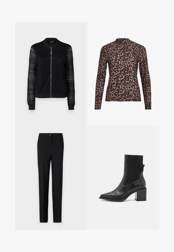 Jaqueta bomber preta com fecho de zip, apresentando painéis de renda texturizada nas mangas e no corpo, punhos e bainha canelados, tecido leve.; Camisola de manga longa em padrão de leopardo com gola alta, feita de tecido elástico. Apresenta uma base bege com manchas castanhas. Textura suave, design ajustado.; Calças pretas ajustadas com um design de perna reta, apresentando fecho de botão e passantes para cinto, feitas de tecido suave.; Bota ankle preta com bico fino, feita de couro liso e tecido elástico. Apresenta um salto bloco e um design minimalista.