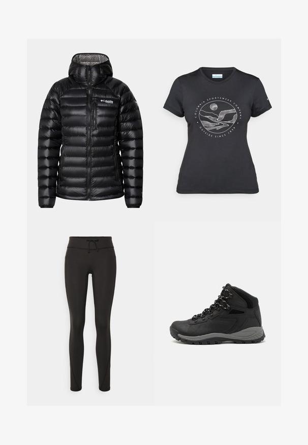 Black puffer jacket with a hood, featuring a quilted design, zippered front, and logo on the chest. Interior has a patterned lining.; Black Columbia t-shirt with white circular mountain and river line art and text "Columbia Sportswear Company Outside Since 1938."; Black leggings with a high waistband, drawstring, smooth texture, and fitted design. Features stitching details along the sides.; Black hiking boot with a mid-top design, featuring a textured upper, gray accents, and durable rubber sole with traction lugs.