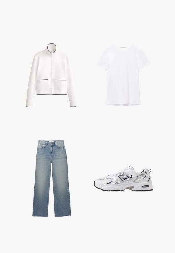 Jachetă albă cu fermoar, cu un guler înalt, margini negre și două buzunare frontale cu piping negru. Fabricată dintr-un material moale și neted.; Cămașă albă cu mânecă scurtă dintr-un material neted, cu guler rotund și detalii discrete de cusătură la tiv.; Jeans de blugi de culoare albastru deschis, cu picioare largi, realizate din denim, având talie înaltă, buzunare frontale și închidere cu nasture. Textură netedă cu zone estompate.; Shoe sportiv alb cu parte superioară din plasă, accente bleumarin și talpă amortizată. Are logo-ul "N", șireturi și detalii texturate pe lateral.