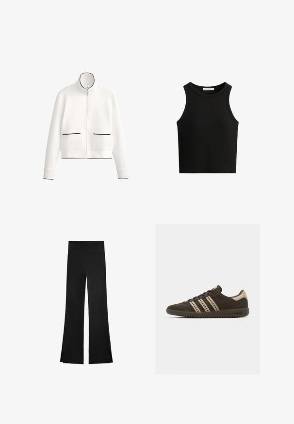 Fehér cipzáras dzseki magas gallérral, fekete díszítéssel és két elülső zsebbel, fekete paszpolozással. Puha, sima anyagból készült.; Fekete bordázott ujjatlan felső, kerek nyakú és széles karöltőkkel. Az anyag lágy hatásúnak tűnik, és testhezálló fazonú.; Fekete nadrág, széles szárakkal, magas derékkal és oldalsó hasítékokkal a könnyű mozgás érdekében. Simító, rugalmas anyagból készült.; Barna velúr sportcipő bézs részletekkel, három bézs csíkkal és textúrált gumitalppal. A fűző sötétbarna.