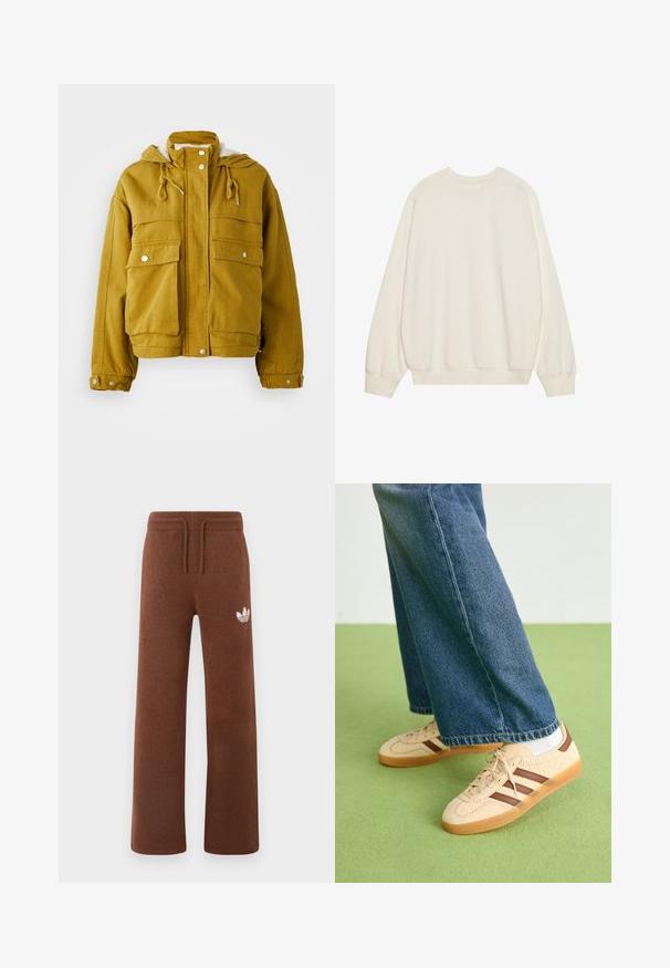 Kollane kapuutsiga jakk, mis on valmistatud vastupidavast kangast. Omab kahte suurt esikotti, reguleeritavaid nööre ja nööbiga sulgemisi. Pehme sisemine vooder.; Kerge beež kapuutsiga särk, mis on valmistatud pehmest puuvillasegusest materjalist. Omab pikki varrukaid, ümarat kaelust ning ribakujulisi mansette ja allserva, olles laia lõikega.; Pruunid dressipüksid pehmes kangas, millel on relaxeeritud lõige, elastne vöökoht, nöör ja valge logo vasakul reiel.; Beežid spordijalatsid tekstuursete kreemjatest paneelidest ja pruunidest triipudest, koos siniste denim pükstega. Püksid on avara säärega ja narmendava äärega.