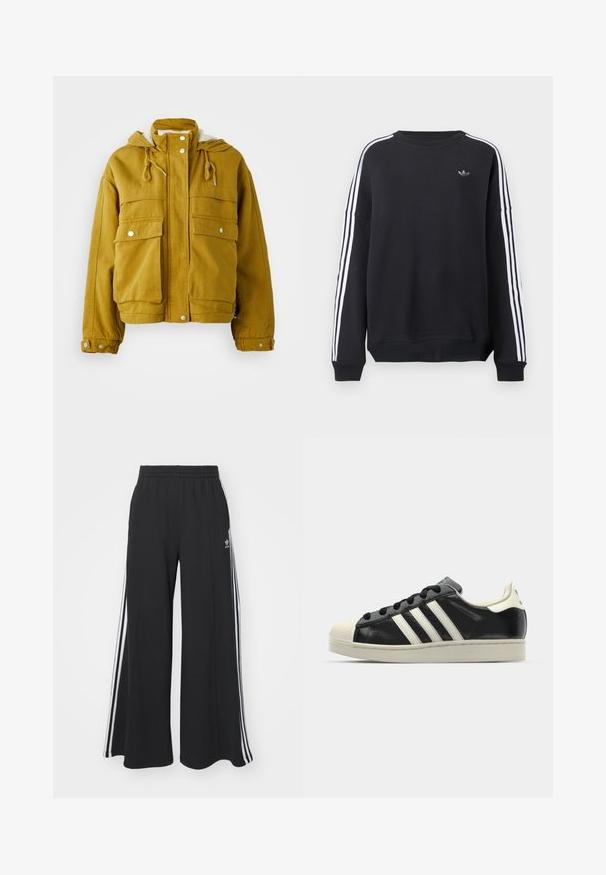 Yellow, hooded jacket made of sturdy fabric. Features two large front pockets, drawstrings, and snap closures. Soft interior lining.; Black sweatshirt with long sleeves, white stripes running down each arm, and a small gray logo on the chest. Cotton material, casual fit.; Black wide-leg sweatpants with an elastic waistband, featuring white side stripes and an embroidered logo on the left thigh.; Black leather sneaker with white stripes, rubber toe cap, black laces, and a cream-colored outsole. Smooth texture with shiny finish.