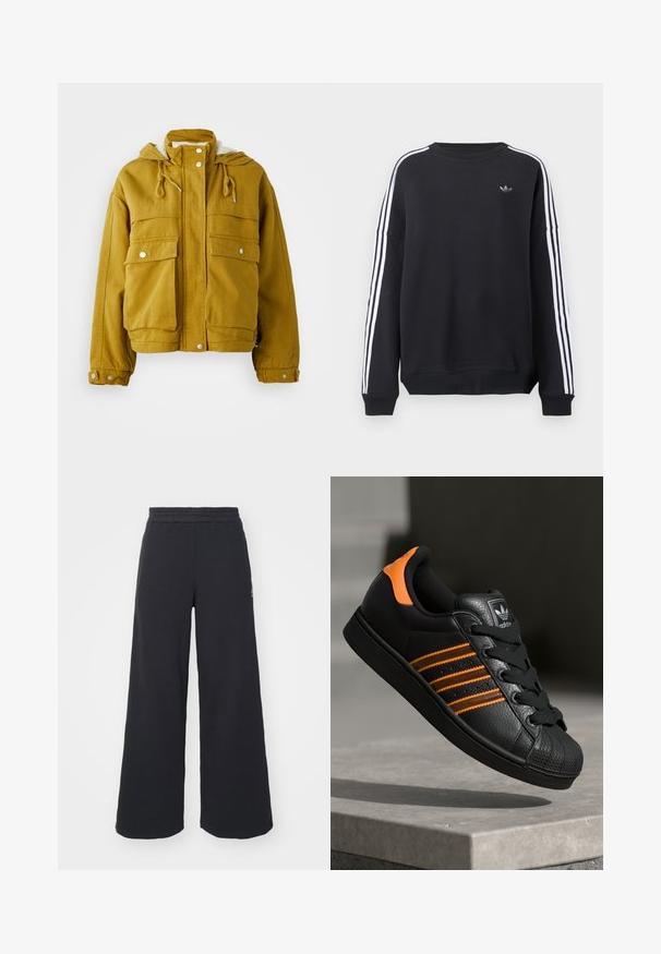 Veste jaune à capuche en tissu résistant. Comprend deux grandes poches avant, des cordons de serrage et des fermetures à pression. Doublure intérieure douce.; Sweatshirt noir à manches longues, avec des bandes blanches courant le long de chaque bras, et un petit logo gris sur la poitrine. Matière en coton, coupe décontractée.; Pantalons de survêtement larges noirs en tissu doux, dotés d'une taille élastique et d'un petit logo sur le côté gauche.; Baskets noires avec des accents orange, trois bandes horizontales, tige en cuir texturé, protection en caoutchouc à l'avant et lacets noirs.