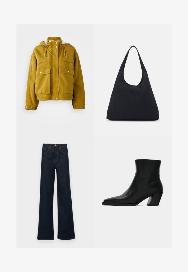 Geltonas, su kapuce, pagamintas iš tvirtos medžiagos striukė. turi dvi dideles priekinės kišenes, raištelius ir spaudimo užtrauktukus. Minkšta vidinė pamušalas.; Balta pynimo kabeliu megztukė su pakeltu kaklu ir trumpa siluetu, turinti raibą antkaklį ir apačią. Minkšta tekstūra su jaukia, masyviu dizainu.; Tamsiai mėlyni plačios kojų džinsai su priekinėmis kišenėmis, diržo kilputėmis ir mygtuko uždarymu.; Juodos odinės aulinės bateliai iki kulkšnies su smailiu nosiu, elegantiška siluetu ir stambiu kvadratiniu kulnu. Lygus pavirčius su minimaliais siuvimo detalėmis.; Juodas audinio krepšys su plačiu peties diržu. Minkšta, pusiau struktūrizuota forma ir lygus paviršius; minimalus dizainas, be matomo įrangos.