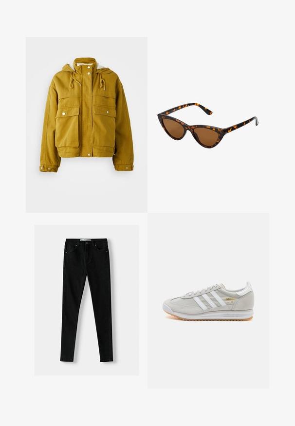 Žlutá kapucová bunda vyrobená z odolné látky. Má dvě velké přední kapsy, šnůrky a patentky. Měkká interiérová podšívka.; Bílý svetr s vysokým límcem a pleteným vzorem, s kratší siluetou, obsahující vroubkované manžety a lem. Měkká textura s útulným, robustním designem.; Černé slim-fit džíny vyrobené z denimu, s klasickým pětipocket designem, zipovým zapínáním a kovovým knoflíkem. Hladká textura po celé ploše.; Světlé šedé tenisky vyrobené z semiše a síťoviny, se třemi bílými pruhy, kulatou špičkou a gumovou podrážkou. Zlatý logo akcent u šněrování.; Sluneční brýle ve stylu kočičích očí s černo-oranžovým želvovinovým rámem, hnědými skly a elegantními, špičatými konci. Obsahují minimalistické logo na straně.; Dolce Vita JOSIE - Kabelka - pecan