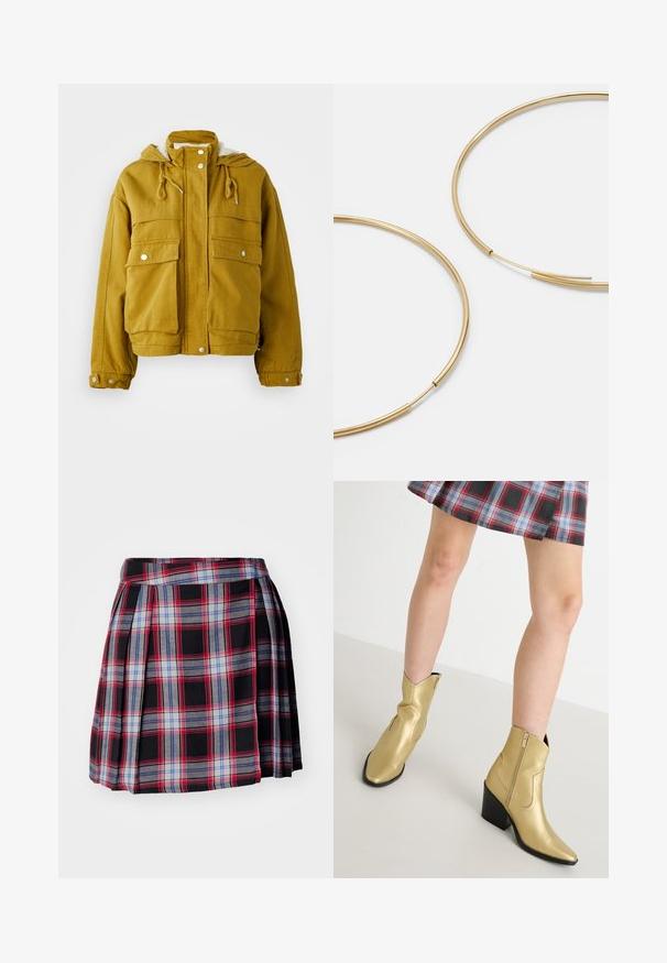 Veste jaune à capuche en tissu résistant. Comprend deux grandes poches avant, des cordons de serrage et des fermetures à pression. Doublure intérieure douce.; Pull noir à col rond, orné de sequins représentant des icônes de Noël : un arbre, des décorations, un bonhomme en pain d'épice et des flocons de neige.; Jupe à carreaux noirs avec des motifs de carreaux rouges, bleus et gris, dotée de plis et d'une taille plate pour un ajustement structuré. Texture de tissu douce.; Bottines métalliques dorées à bouts pointus, avec fermeture éclair et talon bloc. Texture lisse avec des accents cousus et une forme classique.; Boucles d'oreilles en forme de créole dorées, fines et rondes, avec une finition métallique lisse et sans embellissements ni motifs.