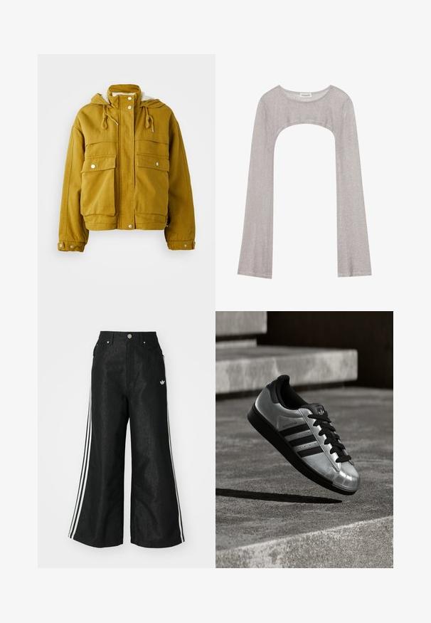Casaco amarelo com capuz, feito de tecido resistente. Apresenta dois grandes bolsos frontais, cordões e fechos de pressão. Forro interior suave.; Top prateado de manga longa com um decote arredondado e recorte na parte inferior. Feito de tecido texturizado, apresentando um design ajustado e mangas largas.; Calças de denim largas pretas com três riscas brancas em cada lado e um pequeno logótipo branco. Apresenta bolsos frontais e um fecho de botão.; Sapatilha prateada com sola de borracha preta, atacadores pretos e três riscas pretas. Apresenta um acabamento metálico e design clássico com biqueira reforçada.