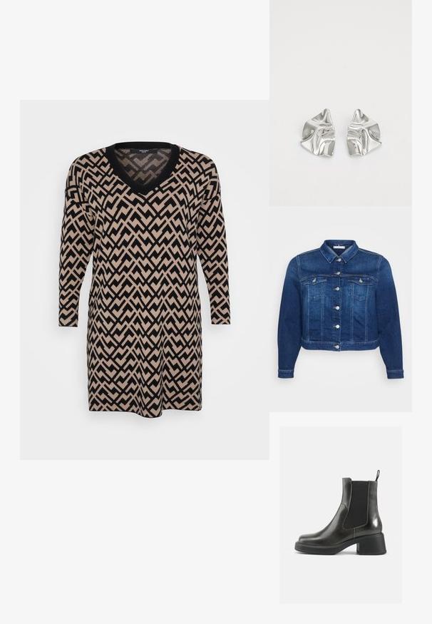 Jeansjakke i mørk blå med knappelukking foran, to brystlommer og klassisk krage. Har en cropped lengde og lange ermer.; Strikkekjole med V-hals, lange ermer og zigzag-mønster i svart og beige, med myk tekstur og avslappet passform.; Sorte ankelstøvler i svart lær med glatt overflate, elastiske sidepaneler og en kraftig hæl. Har en løftestrop for enklere påkledning.; Svart lær totebag med en buet håndtak, langstrakt trekantet form og glatt tekstur. Har et minimalistisk design uten synlig maskinvare.; Sølvmetall øredobber med et bølgete, skulpturelt design, preget av en polert finish og uregelmessige former, som fremhever en moderne estetikk.