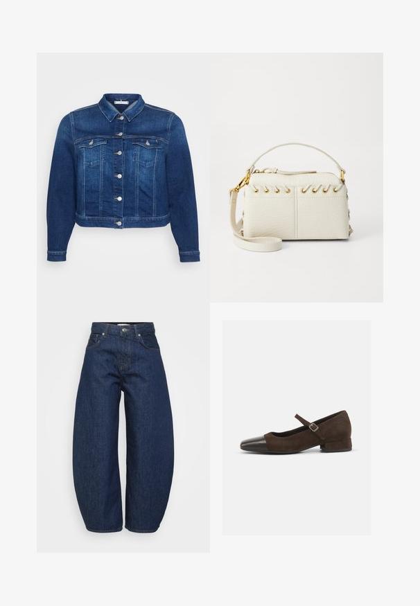 Veste en denim bleu foncé avec un devant à boutons, deux poches poitrine et un col classique. Présente une coupe cropped et des manches longues.; Pull court bleu marine en maille douce. Il a un col rond et des manches longues avec des poignets côtelés. Design simple et épuré.; Jean en denim bleu foncé avec une coupe large et décontractée. Comprend une braguette zippée, quatre poches et des coutures contrastantes le long des coutures.; Chaussure Mary Jane en daim marron avec un embout en cuir verni noir, bride ajustable et un petit talon carré. Texture lisse avec de minimalistes accents.; Sac à main en simili cuir blanc avec une fermeture éclair sur le dessus, une courte poignée et une bandoulière amovible avec des détails en métal doré. Détail de laçage sur le côté.; Boucle d'oreille en argent avec une finition polie, présentant de petits détails en or et de forme ronde, portée sur le lobe.