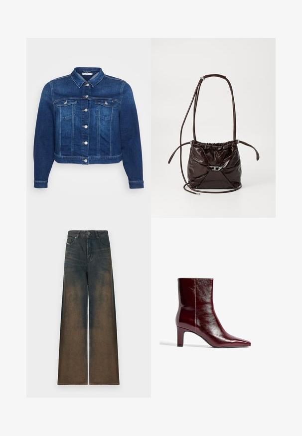 Donkerblauwe denimjack met een knoopsluiting aan de voorkant, twee borstzakken en een klassieke kraag. Heeft een verkorte lengte en lange mouwen.; Asymmetrische top met één schouder in donkerbruin faux leer; geplooide zijdetails; gladde textuur met een lichte glans; getailleerd ontwerp.; Wijd been jeans in donkerdenim, met een gradient vervaging van donker naar lichtbruin, voorzien van een klassiek vijf-pocket ontwerp en metalen knoopsluiting.; Bordeaux leren enkellaars met een spitse neus, een slank ontwerp en een middelgrote blokhak. Gladde textuur en minimale naaddetails.; Diepbruin, glanzend leren schoudertas met een geplooide bovenkant en een dunne verstelbare schouderriem, met een klein detail van een zilverkleurige sluiting aan de voorkant.