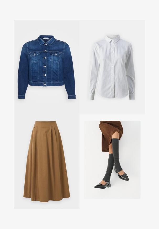 Mørkeblå denimjakke med knaplukning foran, to brystlommer og en klassisk krave. Har en forkortet længde og lange ærmer.; Hvid skjorte med knapper lavet af glat bomuld, der har en klassisk krave, lange ærmer og en buet kant. Knapperne er små og hvide.; Brun bomulds A-linjeet nederdel med høj talje, præget af læg foran og en glat tekstur. Endeafslutningerne er enkle og rene.; Sorte patenterede lædersko med spids tå, blokhæl og ankelrem, kombineret med grå ribbede benvarmere og en brun ruskinds nederdel.