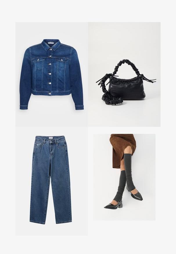 Mørkeblå denimjakke med knaplukning foran, to brystlommer og en klassisk krave. Har en forkortet længde og lange ærmer.; Hvid skjorte med knapper lavet af glat bomuld, der har en klassisk krave, lange ærmer og en buet kant. Knapperne er små og hvide.; Klassiske blå denimbukser med lige ben, fem lommer og knaplukning. Har en medium vask og en robust tekstur.; Sorte patenterede lædersko med spids tå, blokhæl og ankelrem, kombineret med grå ribbede benvarmere og en brun ruskinds nederdel.; Sort kunstlæder håndtaske med krokodilteksur, indsnøret top og en sammenkrøben rem. Ser blød og kompakt ud i designet.