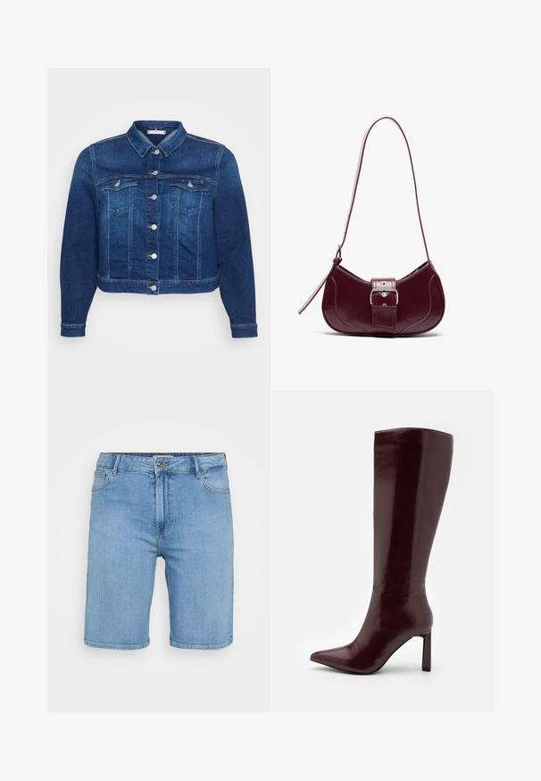 Mørkeblå denimjakke med knaplukning foran, to brystlommer og en klassisk krave. Har en forkortet længde og lange ærmer.; Lys blå denimskjorte med korte ærmer, der har to forlommer og er pyntet med små sølvnitter overalt.; Lys blå denim shorts med klassisk pasform, der har en frontknaplukning, bæltestropper og to sidelommer. Glat tekstur og lige kant.; Even&Odd Høje støvler/ Støvler - dark red; Lille burgunderfarvet læder skuldertaske med en lang rem og en fronspænde detail mod en ensfarvet baggrund.