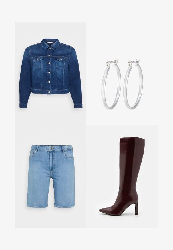 Tumši zila džinsa jaka ar pogu aizdari priekšpusē, divām krūšu kabatām un klasisku apkakli. Ar īsāku garumu un garām piedurknēm.; Gai zils džinsa krekls ar īsām piedurknēm, ar divām priekšējām kabatām un rotāts ar mazām sudraba pīrsingiem visā. ; Gaiši zili denima šorti ar klasisku griezumu, kas aprīkoti ar priekšējo pogu aizdari, jostu cilpām un divām sānu kabatām. Gluda tekstūra un taisns apakšmala.; Even&Odd Zābaki - dark red; Sudraba riņķveida auss gredzeni ar gludu, pulētu apdari. Apaļa forma un drošs klikšķa augšējais slēgums. Viegls dizains, kas piemērots ikdienas valkāšanai.