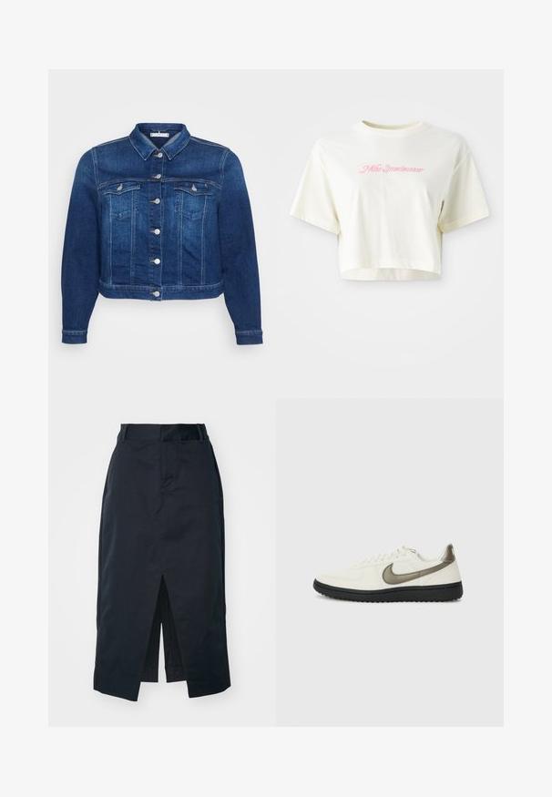 Tummansinisestä farkkutakista, jossa on napitettu etuosa, kaksi rintataskua ja klassinen kaulus. Ominaisuuksiin kuuluu lyhyt malli ja pitkät hihat.; Lyhennetty, kermanvärinen t-paita, joka on valmistettu puuvillasta. Siinä on vaaleanpunainen brodeerattu logo, jossa lukee "Nike Sportwear." Lyhyet hihat ja pyöreä pääntie.; Tummansininen midi-hame, joka on valmistettu puuvillasekoitteesta, ja jossa on edessä halkio, piilovetoketju ja sivutaskut toimivuutta varten.; Nike Sportswear FIELD GENERAL - Matalavartiset tennarit - off-white/black