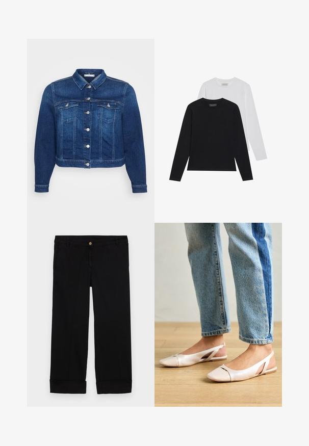 Veste en denim bleu foncé avec un devant à boutons, deux poches poitrine et un col classique. Présente une coupe cropped et des manches longues.; Deux hauts à manches longues : un noir et un blanc. Tous deux présentent un col rond et une texture lisse et côtelée. Étiquette de la marque visible à l'intérieur du col.; Pantalons en coton noir à coupe droite, avec poches avant, fermeture à bouton doré et ourlets roulés. Texture lisse.; Ballerines slingback rose pâle avec un bout pointu, fabriquées en un matériau semblable au cuir lisse. Présentent des découpes sur les côtés et un talon plat.