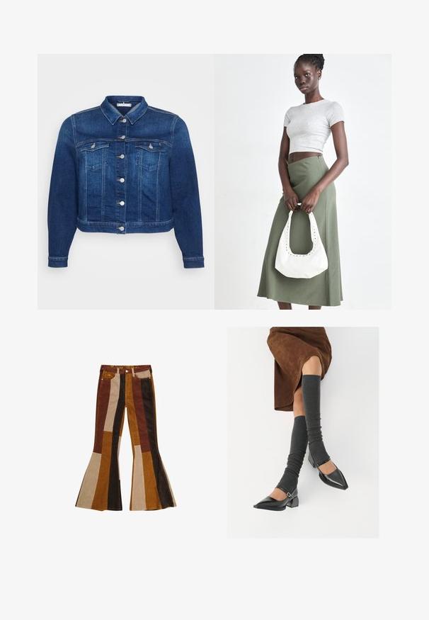 Veste en denim bleu foncé avec un devant à boutons, deux poches poitrine et un col classique. Présente une coupe cropped et des manches longues.; Débardeur blanc à côtes sans manches avec un texte doré en métal indiquant "Cowgirl" sur la poitrine, présenté sur un fond uni.; Pantalons en velours côtelé évasés avec des rayures verticales dans des tons de marron, de beige et de moutarde. Design distinctif avec une taille haute et cinq poches.; Chaussures à bout pointu en cuir verni noir avec un talon bloc et une bride à la cheville, accompagnées de jambières en maille grise et d'une jupe en daim marron.; Top court rayé gris et jupe taille haute verte olive. Le mannequin tient un sac à bandoulière blanc avec des découpes. Design simple, silhouette ajustée.