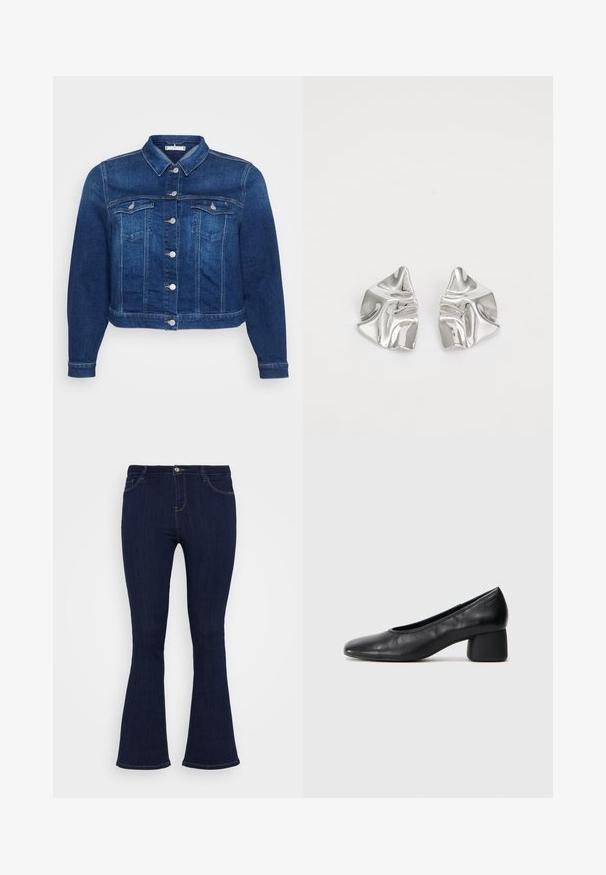 Giacca di jeans blu scuro con chiusura a bottoni, due tasche sul petto e colletto classico. Presenta una lunghezza corta e maniche lunghe.; Maglietta nera a maniche lunghe con texture a coste, caratterizzata da dettagli in pizzo sul collo e sui polsini, e un design del collo a V.; Jeans in denim blu scuro a vita alta, con una vestibilità attillata sulla coscia e una leggera svasatura in fondo, dotati di tasche anteriori e chiusura con bottone.; Pantofole nere in pelle con punta arrotondata e tacco medio a blocco. Texture liscia con dettagli minimi, caratterizzata da un'apertura elastica sottile.; Orecchini in metallo argento con un design ondulato e scultoreo, caratterizzati da una finitura lucida e forme irregolari, che evidenziano un'estetica contemporanea.