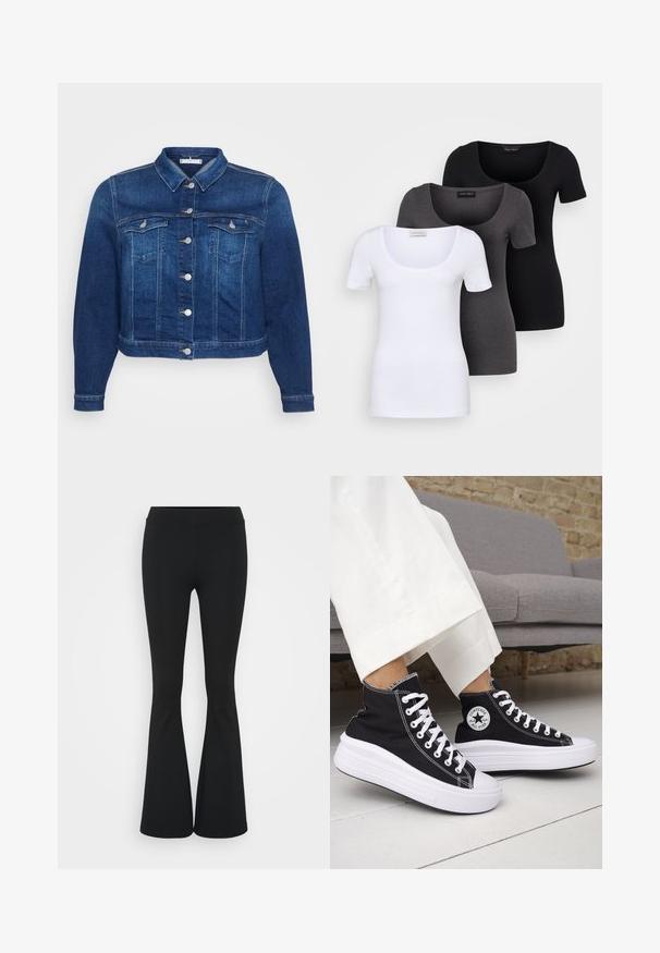 Denim jacket in dark blue with a button-up front, two chest pockets, and a classic collar. Features a cropped length and long sleeves.; Three fitted T-shirts in white, gray, and black. Each features a wide scoop neckline and short sleeves. Made from smooth, stretchy fabric.; Black flared pants made of stretchy fabric, featuring a high waistband and a smooth texture. The pants flare out from the knee.; Black high-top sneakers with white rubber soles and laces. Features a round logo patch and contrasting white stitching. Canvas material.