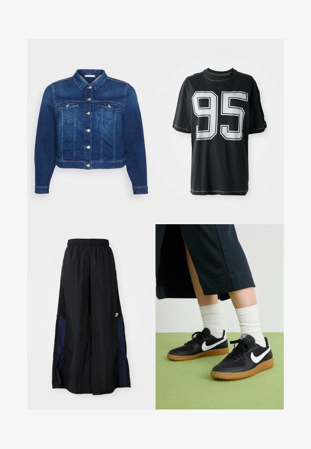 Tamna plava traper jakna s dugmadi sprijeda, dva džepa na prsima i klasičnom ovratniku. Ima kratak kroj i duge rukave.; Crna pamučna majica s kratkim rukavima, s bijelim tiskanim brojem "95" sprijeda i kontrastnim šavovima duž rubova.; Crne hlače širokih nogavica izrađene od lagane tkanine, sa tamnoplavim bočnim panelom i elastičnom stražnjom trakom. Mali bijeli logo je na dnu.; Crne kožne i sintetičke tenisice s bijelim Nike swooshom, gumeni potplat, okrugli vrh i crne vezice. Vidljive rebraste bijele čarape.