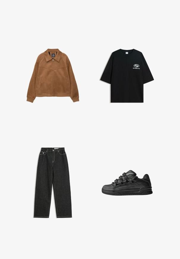 Giacca zip-up in finta suede marrone con ampio colletto, due tasche frontali e polsini a coste. Presenta una texture liscia e opaca con linee pulite.; T-shirt nera oversize in cotone con scollatura rotonda e maniche corte, con un logo bianco "Shibuya" stampato sul fronte.; Jeans neri a gamba dritta con cuciture bianche, design a cinque tasche, chiusura con bottone e cerniera, e un piccolo logo sulla tasca frontale destra.; Sneaker nere con una toma in pelle liscia, dettagli testurizzati e lacci tondi neri e bianchi. Suola spessa in gomma con battistrada gommato.