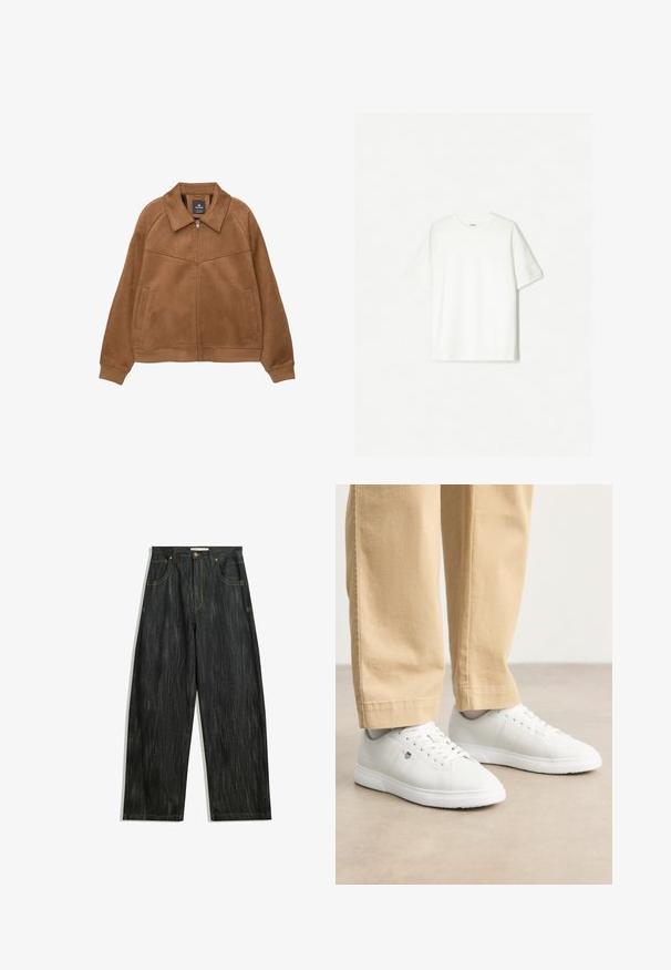 Bruine faux-suède jack met rits en een brede kraag, twee voorzakken en geribbelde manchetten. Heeft een gladde, matte textuur en strakke lijnen.; Witte kortengemouwen t-shirt van zacht katoen. Ronde halsontwerp met een ontspannen pasvorm en geen zichtbare logo's of patronen.; Donkerdenim jeans met een losse pasvorm, voorzien van subtiele verticale textuur, gele stiksels, vijf zakken en een klassieke knoopsluiting.; Witte leren sneakers met een gladde afwerking, voorzien van een ronde neus, vlechtontwerp en subtiele logo-detail aan de zijkant, gecombineerd met beige broek.