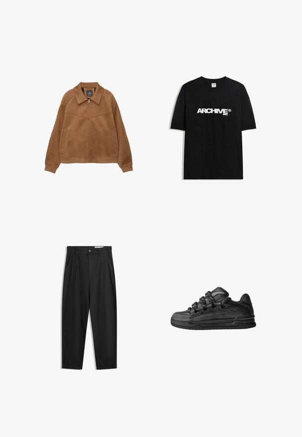 Veste zippée en faux daim marron avec un large col, deux poches avant et des poignets côtelés. Présente une texture lisse et mate ainsi que des lignes épurées.; T-shirt en coton noir avec un logo blanc "ARCHIVE inc." sur la poitrine, manches courtes et col rond.; Pantalon en coton noir avec une coupe décontractée, dotés d'une taille classique, de plis à l'avant et de poches latérales. Texture lisse sans motifs.; Baskets noires avec une tige en cuir lisse, des accents texturés et des lacets ronds noir et blanc. Semelle en caoutchouc épaisse avec un motif de semelle.
