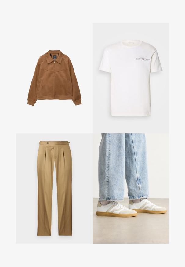 Veste zippée en faux daim marron avec un large col, deux poches avant et des poignets côtelés. Présente une texture lisse et mate ainsi que des lignes épurées.; T-shirt en coton blanc avec un col rond, des manches courtes et un logo imprimé. Présente un design minimaliste et une coupe décontractée.; Pantalon beige à coupe droite, avec des plis, une fermeture à boutons et des passants pour ceinture. Tissu lisse avec un aspect net et ajusté.; Baskets blanches avec des accentuations en daim beige et des semelles en caoutchouc clair ; présente un design low-top et des détails texturés sur la tige.