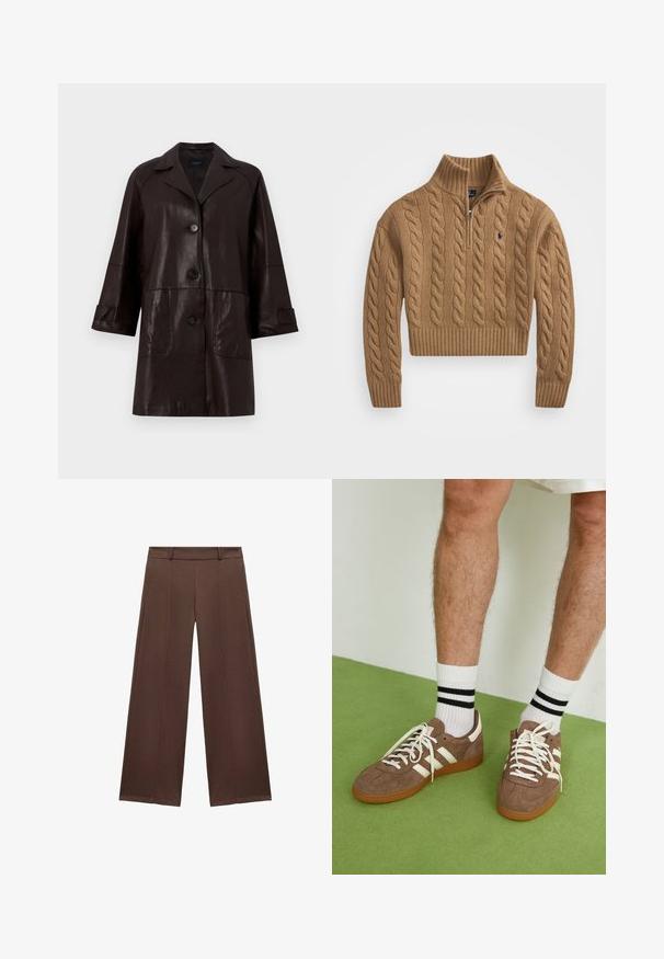 WEEKEND MaxMara PETRA - Læderjakker - chocolate; Cable-strik sweater i honningbrun farve med høj krave og kvart lynlås. Ribbet kant og manchetter tilfører tekstur til designet.; Brune brede bukser lavet af blødt stof, med flad front, en taljebånd og plisserede detaljer for ekstra tekstur.; Brune ruskind sneakers med hvide detaljer og snørebånd. Gummisål i naturgummi. Båret med hvide sokker med sorte striber. Grøn struktureret gulv.