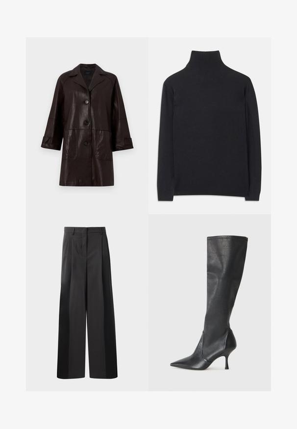 WEEKEND MaxMara PETRA - Bőrdzseki - chocolate; Fekete garbó pulóver puha anyagból. Hosszú ujjakkal, magas nyakkal és bordázott mandzsettákkal, valamint aljjal rendelkezik, ami karcsú megjelenést kölcsönöz.; Fekete, bő szárú nadrág magas derékkal, elöl plissékkel, sima felülettel és igényes kidolgozással. Kényelmes viseletre tervezve.; Térd fölötti fekete bőr csizmák hegyes orral és karcsú stiletto sarkal. Simább textúrájúak, jól illeszkedő kialakítással és varrással a tetején.