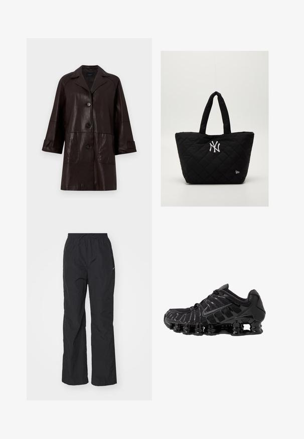 Weekend Max Mara PETRA - Nahkatakki - chocolate; Mustat pitkähihaiset urheilu paita, jossa on puoliveto, kaulus, heijastava Nike-logo ja litteät saumat mukavuutta ja tiivistä istuvuutta varten.; Mustat, kevyet housut, joissa on joustava vyötärö ja nyöri. Niissä on teksturoitu pinta ja pieni heijastava logo sivussa.; Mustat urheilukengät, joissa on verkkoyläosa ja kiiltävät yksityiskohdat. Varustettu kaarevalla jousituksella ja teksturoiduilla viivoilla sivuilla. Nike-logo näkyvissä.; Mustikkavärinen tikattu kassi, jossa on tuplakahvat ja valkoinen New York Yankees -logo sekä pieni brändin emblem sivussa.