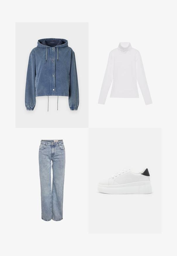 Traper jakna u ispranom plavom s kapuljačom, srebrnim dugmadima na kopčanje, elastičnim manžetama i podesivim vezicama na dnu i kapuljači.; Bijela majica dugih rukava s rolificom izrađena od glatkog, rastezljivog materijala. Ima visoki ovratnik i uski kroj, bez vidljivih uzoraka ili ukrasa.; Svijetloplave široke traperice napravljene od denima, s visokim strukom, dizajnom od pet džepova i suptilnim izbljeđivanjem za izgled nošenih traperica.; Bijele platforme tenisice napravljene od glatkog sintetičkog materijala, s okruglim vrhom, dizajnom s vezanjem i teksturiranom gumenom potplatom. Crni detalj na peti.