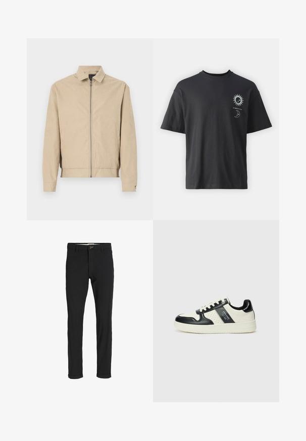 Beige kergest vormitud jakk, millel on lukuga eesmine osa, krae, küljetaskud ja elastsed mansetid. Sile tekstuur ja sujuv disain, ilma nähtavate mustriteta.; Must musta T-särk lühikeste varrukatega, ümar kaelus ning esiküljel päikese ja kuu graafika, millele on lisatud tekst "Le Soleil et La Lune."; Mustast puuvillasegustest pükstest õhukese lõikega, milles on nööbikinnitus, taskud ja keeratud sääred, et saavutada lõdva lõppviimistluse.; Nahatud nahkkingad musta ja kreemi värviskeemiga, millel on perforeeritud aktsendid, pehme krae ja tekstureeritud tallad.