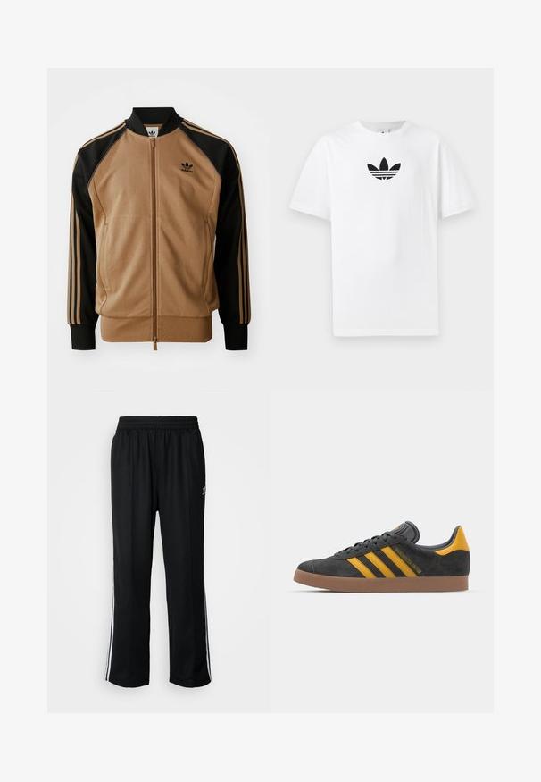Chaqueta bomber marrón y negra con cremallera, que presenta una textura suave, puños acanalados y tres rayas negras a lo largo de las mangas. Logotipo en el pecho.; Camiseta de algodón blanca con un logo negro de Adidas en el centro. Diseño de manga corta y cuello redondo. Textura suave.; Pantalones deportivos negros con cintura elástica, que presentan rayas laterales blancas y un pequeño logotipo. El material parece suave y ligero.; Zapatillas de ante negro con acentos amarillos, que presentan tres franjas y una suela de goma marrón. Incluyen una lengüeta acolchada para mayor comodidad.