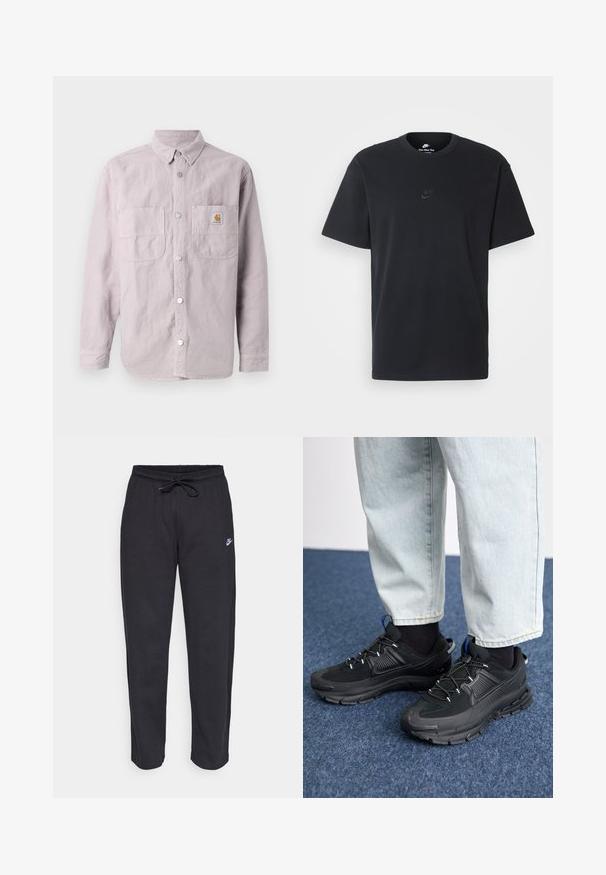 Cămașă lungă cu mâneci, de culoare violet deschis, din bumbac, cu închidere butonată în față, două buzunare pe piept și o etichetă de marcă pe buzunarul din stânga.; Tricou din bumbac negru Nike, cu guler rotund clasic, mâneci scurte și un logo subtil embosat pe piept. Textură netedă.; Pantaloni de trening negri dintr-un material moale, cu talie elastică, șnur de ajustare și un mic logo Nike pe coapsa stângă.; Pantofi sport negri, cu țesătură texturată și tălpi din cauciuc, având șireturi elastice și un accent albastru pe toc. Purtați cu pantaloni din denim deschis.