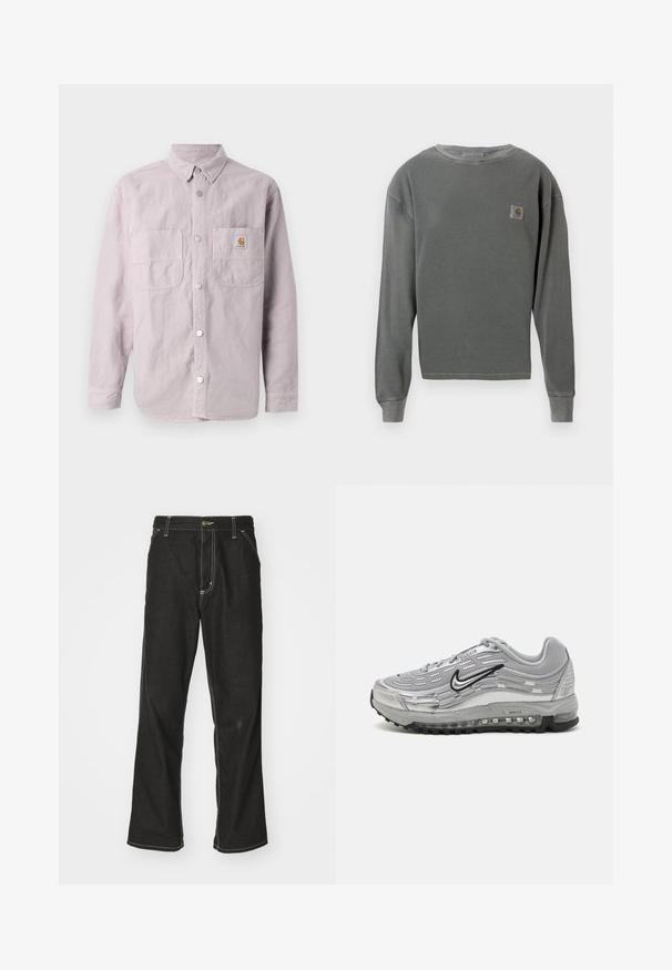 Cămașă lungă cu mâneci, de culoare violet deschis, din bumbac, cu închidere butonată în față, două buzunare pe piept și o etichetă de marcă pe buzunarul din stânga.; Pulover gri cu mânecă lungă și guler rotund, cu textură corduroy, având un mic logo pătrat pe partea stângă a pieptului și manșete corduroy.; Jeans negri din denim, cu o croială largă, cu cusături albe contrastante, închidere cu nasture și un design cu picior drept.; Adidași gri Nike Air Max, cu un superior din plasă și material sintetic, design în valuri, accente negre și o unitate de amortizare vizibilă.