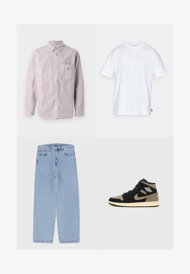 Light purple long-sleeve shirt made of cotton, featuring a button-up front, two chest pockets, and branded patch on the left pocket.; White cotton t-shirt with short sleeves and a round neck. Features a small, subtle Nike logo on the chest and a side label.; Light blue denim jeans with straight leg design, featuring a mid-rise waist, five pockets, and a button and zipper closure.; High-top sneakers featuring black and tan suede, perforated toe, beige midsole, black laces, and a silver logo on the side.