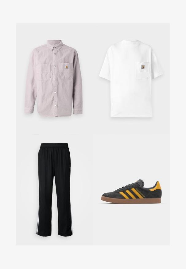 Lyslilla langærmet skjorte lavet af bomuld, med knaplukning fortil, to brystlommer og et mærke på venstre lomme.; Hvid bomulds t-shirt med rund hals, korte ærmer og brystlomme med et logo-patch. Minimalistisk design og sømløs tekstur.; Sorte træningsbukser med elastisk talje, der har hvide sidestænger og et lille logo. Materialet ser blødt og let ud.; Sort suedet sneaker med gule accenter, der har tre striber og en brun gummisål. Inkluderer en polstret tunge for komfort.