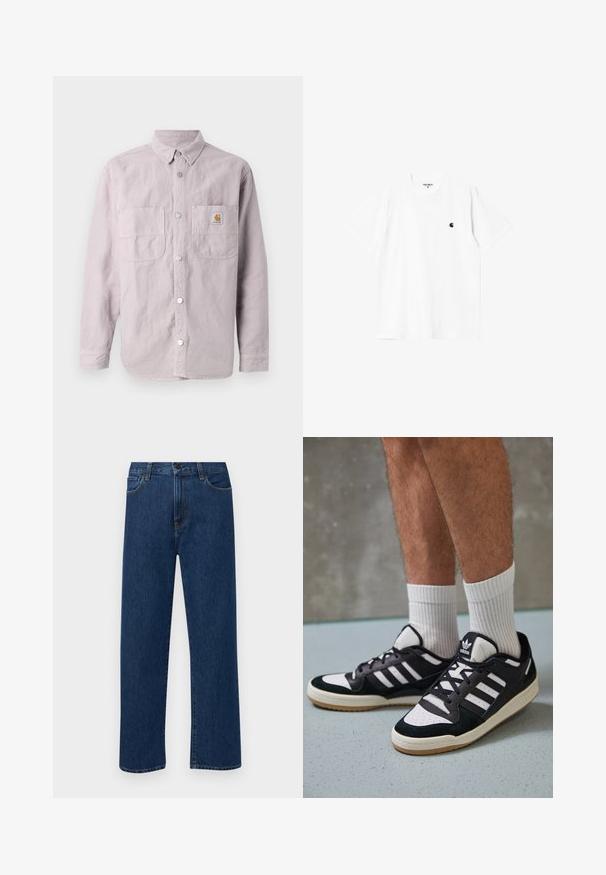 Svetlo vijolična majica s dolgimi rokavi, narejena iz bombaža, z gumbnim zapenjanjem spredaj, dvema žepoma na prsih in blagovno znamko na levem žepu.; Bela bombažna majica s kratkimi rokavi, okroglim ovratnikom in majhnim črnim logotipom na levi prsni strani. Mehka tekstura in standardni kroj.; Temno modri jeans ravne krojenje z naprsnimi žepi in gumbom za zapiranje, prikazani na enostavni beli podlagi.; Črno-bele superge z zgornjim delom iz usnja in nubuka, ki imajo tri bele črte, perforiran vrh prstov in podplat iz gume.