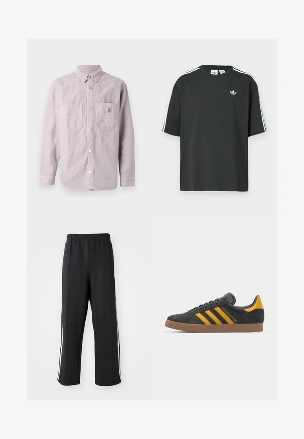 Světle fialová košile s dlouhým rukávem vyrobená z bavlny, se zapínáním na knoflíky, dvěma náprsními kapsami a značkovou nášivkou na levé kapse.; Černé bavlněné tričko s krátkými rukávy, kulatým výstřihem a bílými třemi pruhy na ramenou. Na hrudi je malá bílá logo.; Černé tepláky s elastickým pasem, se štíhlými bílými pruhy po stranách a volným střihem. Vyrobené z měkké, elastické tkaniny.; Černé semišové tenisky se žlutými akcenty, vybavené třemi pruhy a hnědou gumovou podrážkou. Obsahují polstrovaný jazyk pro pohodlí.
