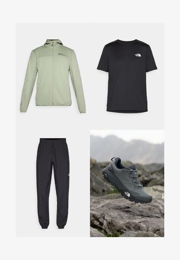 Ljust grön softshell-jacka med dragkedja, huva och logotyp på bröstet. Slät textur, figursydd design och lång ärm.; Svart kortärmad T-shirt i lättviktig tyg. Har en liten vit logotyp på vänster bröst och subtila axeltoner.; Svarta träningsbyxor tillverkade av lättviktsmaterial, med dragsko i midjan, sidofickor och avsmalnande muddar vid anklarna.; Grå trail löparskor med en texturerad ovandel, hållbar gummisula och förstärkt tåparti. Har snören och logotyp på sidan.