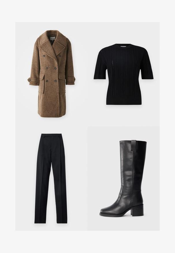 Brown plaid double-breasted coat with large lapels, two front pockets, and buttoned cuffs. Made from textured, woven fabric.; Filippa K BRAID - Jumper - black; Black trousers made from smooth fabric featuring a high waist, wide legs, front pleats, and classic belt loops. No side pockets visible.; Black leather knee-high boots with a smooth texture, square toe, block heel, and side pull tab, featuring minimal stitching details.