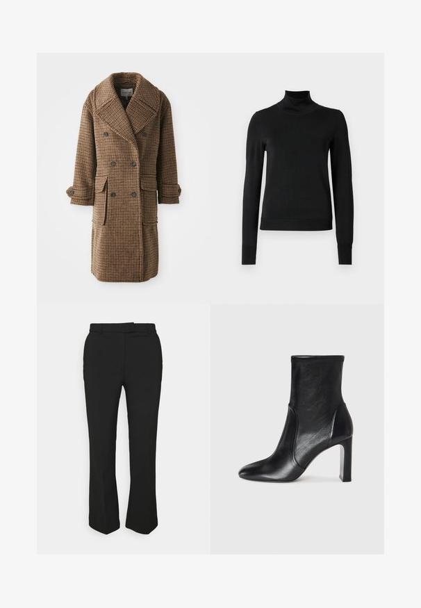 Brown plaid double-breasted coat with large lapels, two front pockets, and buttoned cuffs. Made from textured, woven fabric.; Black long-sleeve turtleneck sweater with ribbed cuffs and hem, displayed on a plain white background.; Black tailored pants with a straight-leg design, featuring belt loops and side pockets. Made from smooth fabric with a clean finish.; Black leather ankle boot with a sleek design, pointed toe, and a high block heel. Features smooth texture and minimalistic stitching detail.
